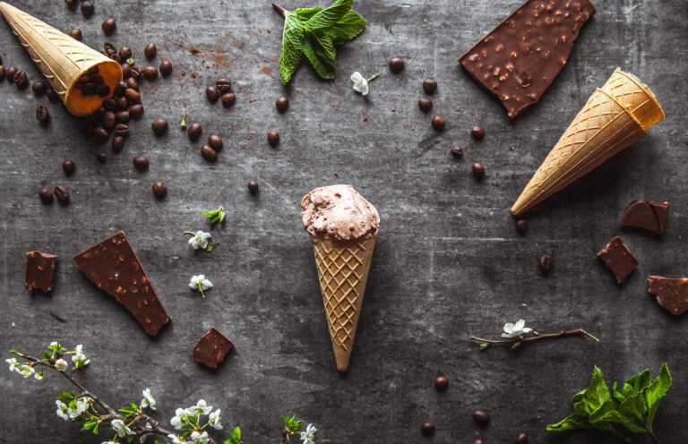 Chocolate ice cream and spring flowers